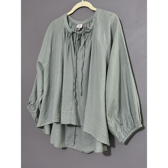 A New Day (Target) M Sage Green Blouse Top Linen Blend Oversized Comfort Tie - Picture 4 of 12
